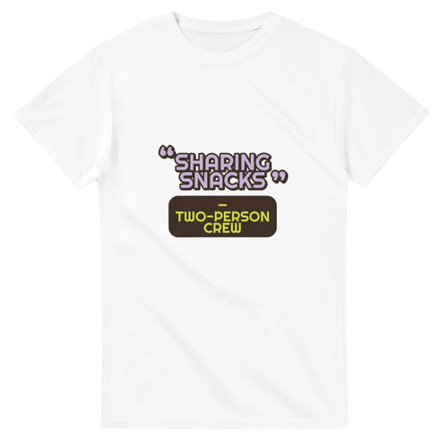 Two-person Crew: Sharing Snacks — white unisex t-shirt