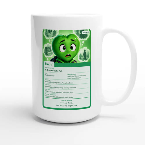 Emeril: The Rememberer heart card for veteran flashbacks and painful memories awareness — 15oz white coffee mug
