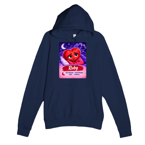 Ruby: The Night Dreamer heart for veteran nighttime fear and exhaustion awareness — navy unisex hoodie