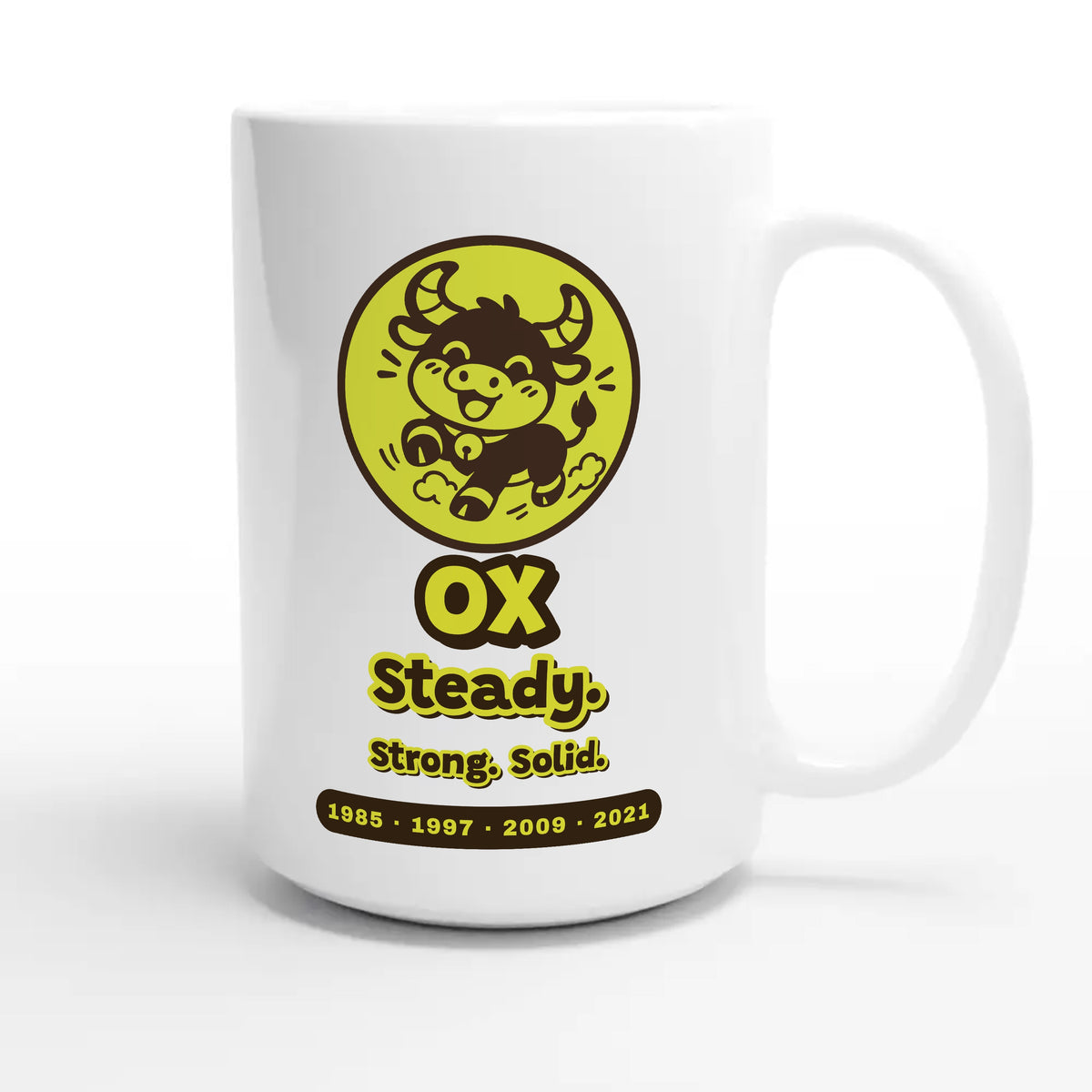 Ox • Steady. Strong. Solid — cute 15oz white coffee mug