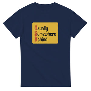 Usually Somewhere Behind — navy unisex t-shirt