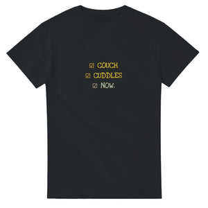 Couch. Cuddles. Now — black unisex t-shirt