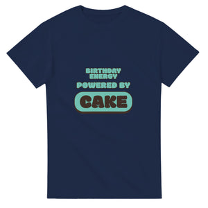Birthday Energy Powered By Cake — navy unisex t-shirt