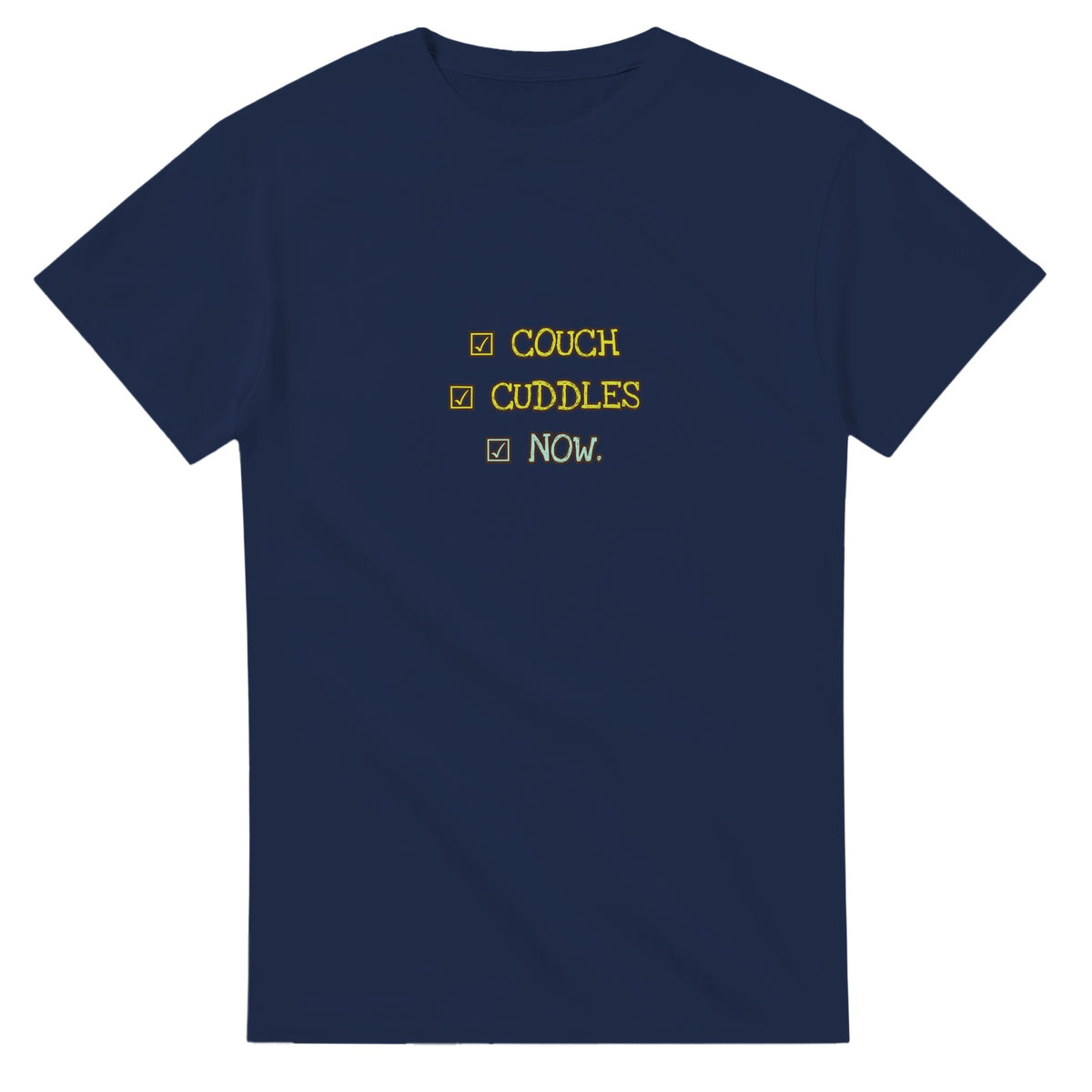 Couch. Cuddles. Now — navy unisex t-shirt