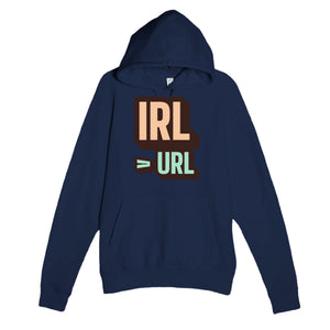 IRL > URL — funny navy unisex hoodie