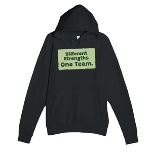 Different Strengths. One Team — heartfelt black unisex hoodie