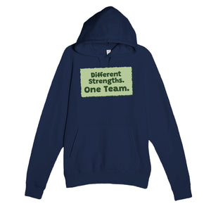 Different Strengths. One Team — heartfelt navy unisex hoodie