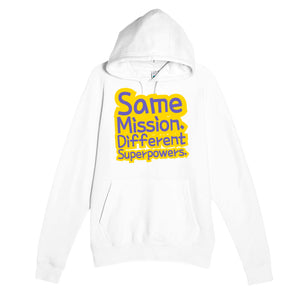Same Mission. Different Superpowers — cute white unisex hoodie