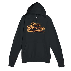 Care. Courage. Compassion — heartfelt black unisex hoodie