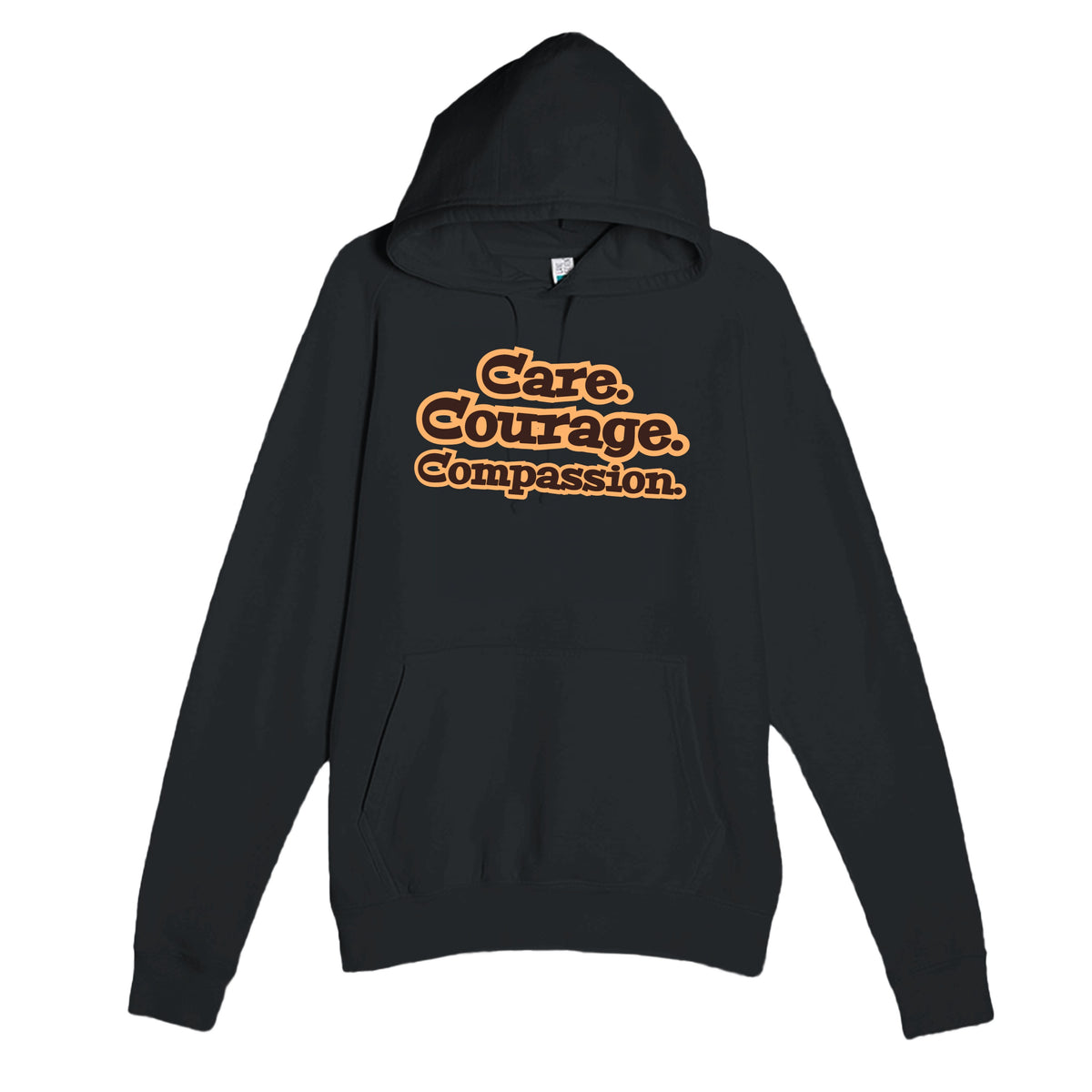 Care. Courage. Compassion — heartfelt black unisex hoodie