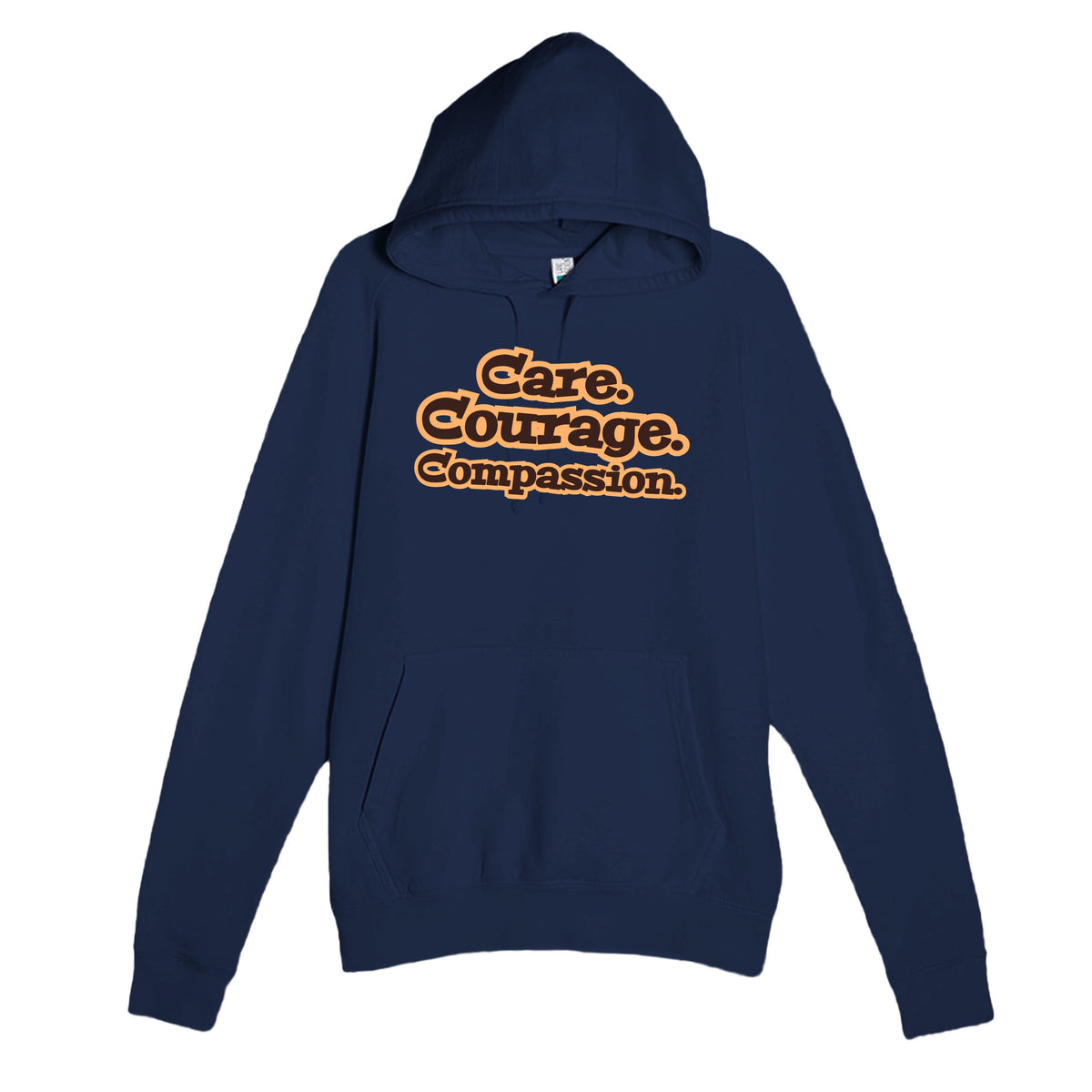 Care. Courage. Compassion — heartfelt navy unisex hoodie
