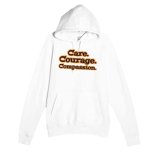 Care. Courage. Compassion — heartfelt white unisex hoodie