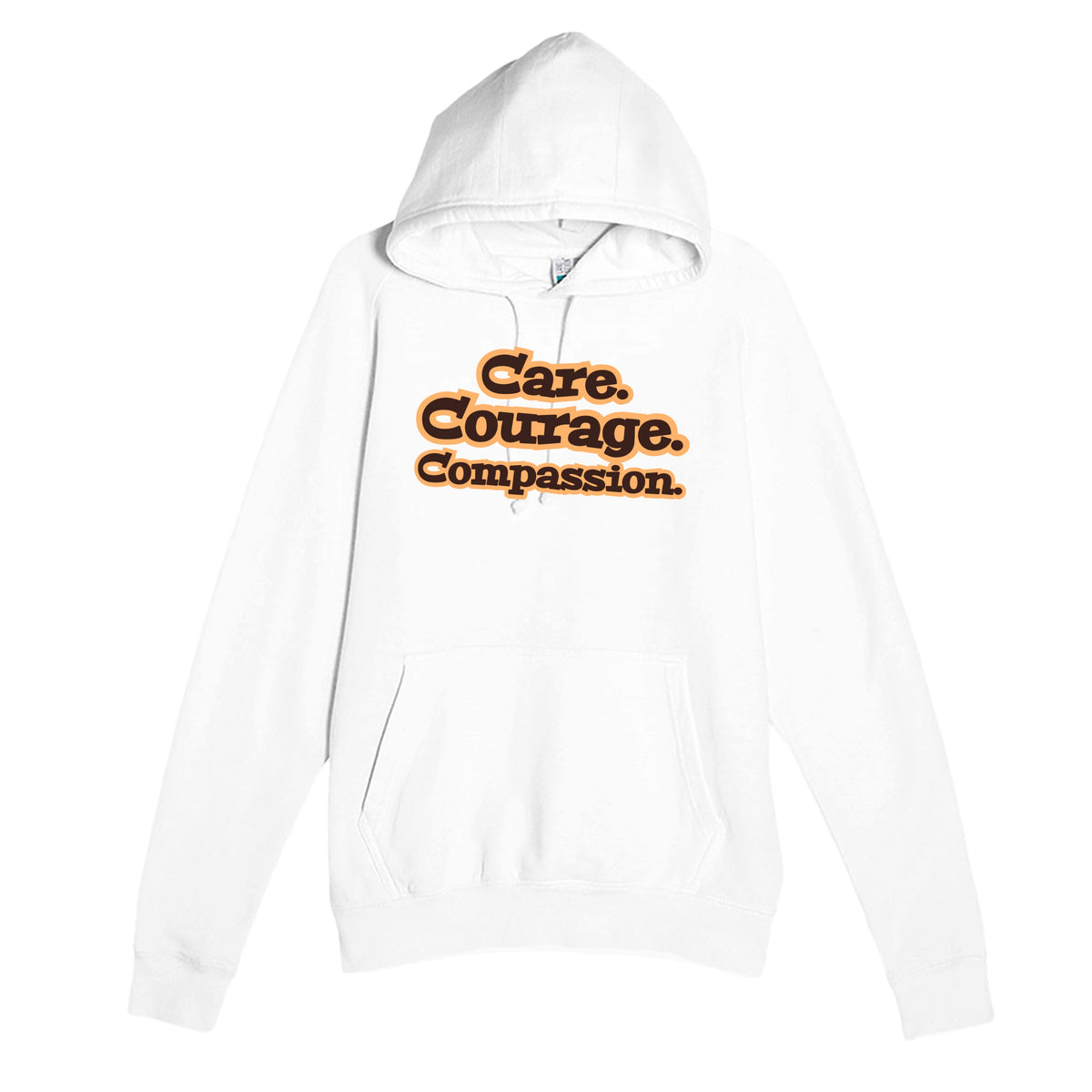 Care. Courage. Compassion — heartfelt white unisex hoodie
