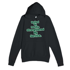 United By Family. Strengthened By Service — heartfelt black unisex hoodie