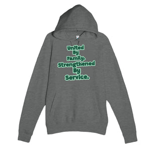 United By Family. Strengthened By Service — heartfelt graphite heather unisex hoodie