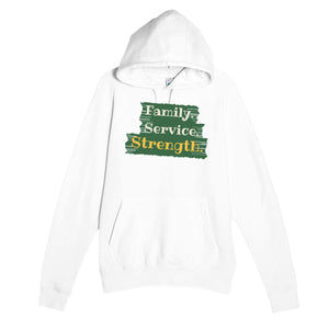 Family. Service. Strength — heartfelt white unisex hoodie