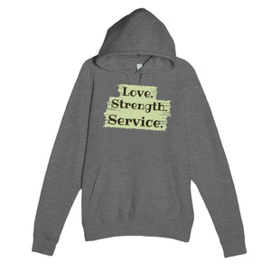 Love. Strength. Service — heartfelt graphite heather unisex hoodie