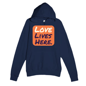 Love Lives Here — heartfelt navy unisex hoodie