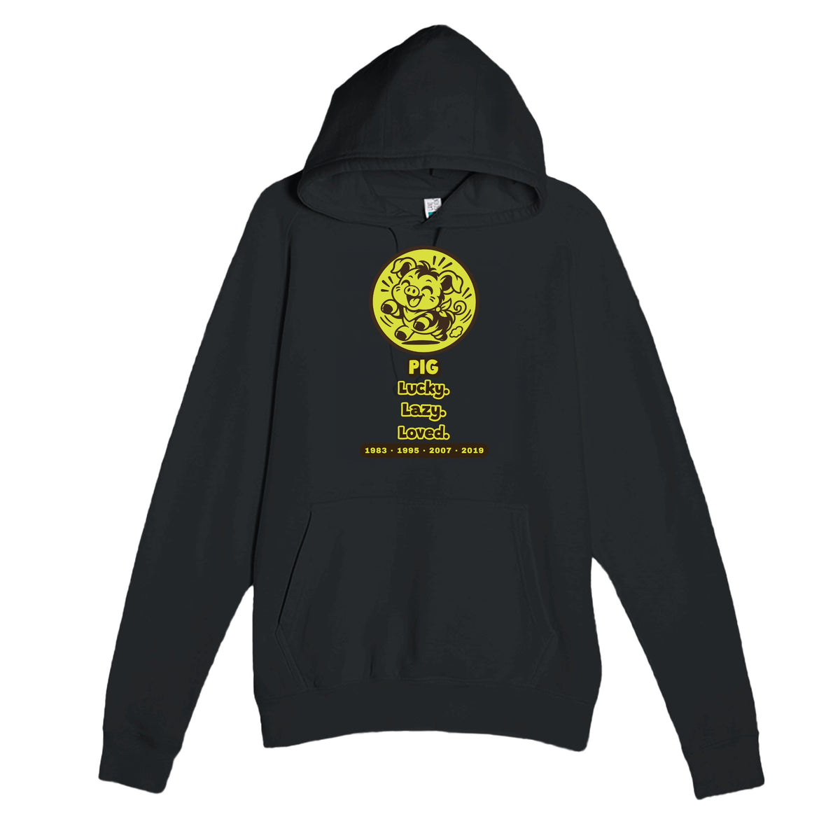 Pig • Lucky. Lazy. Loved — funny black unisex hoodie