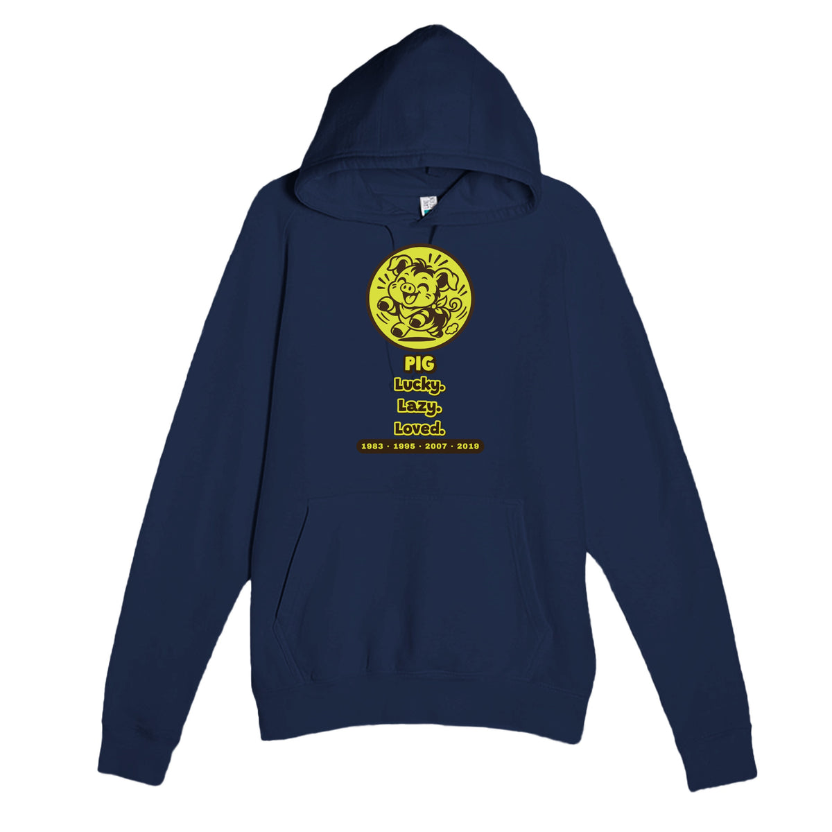 Pig • Lucky. Lazy. Loved — funny navy unisex hoodie