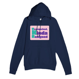 Overworked, Kinda Resigned — funny navy unisex hoodie