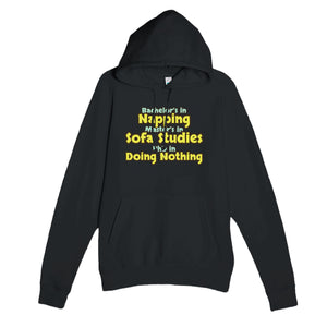 Bachelor’s in Napping / Master’s in Sofa Studies / PhD in Doing Nothing — funny black unisex hoodie