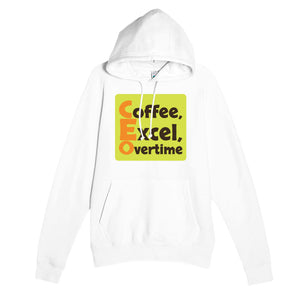 Coffee, Excel, Overtime — funny white unisex hoodie