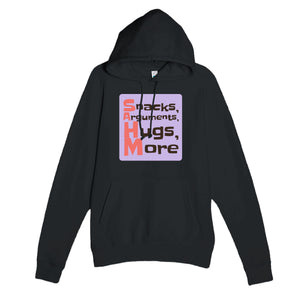 Snacks, Arguments, Hugs, More — funny black unisex hoodie