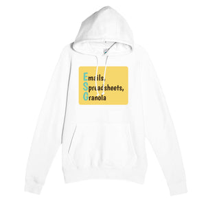 Emails, Spreadsheets, Granola — funny white unisex hoodie