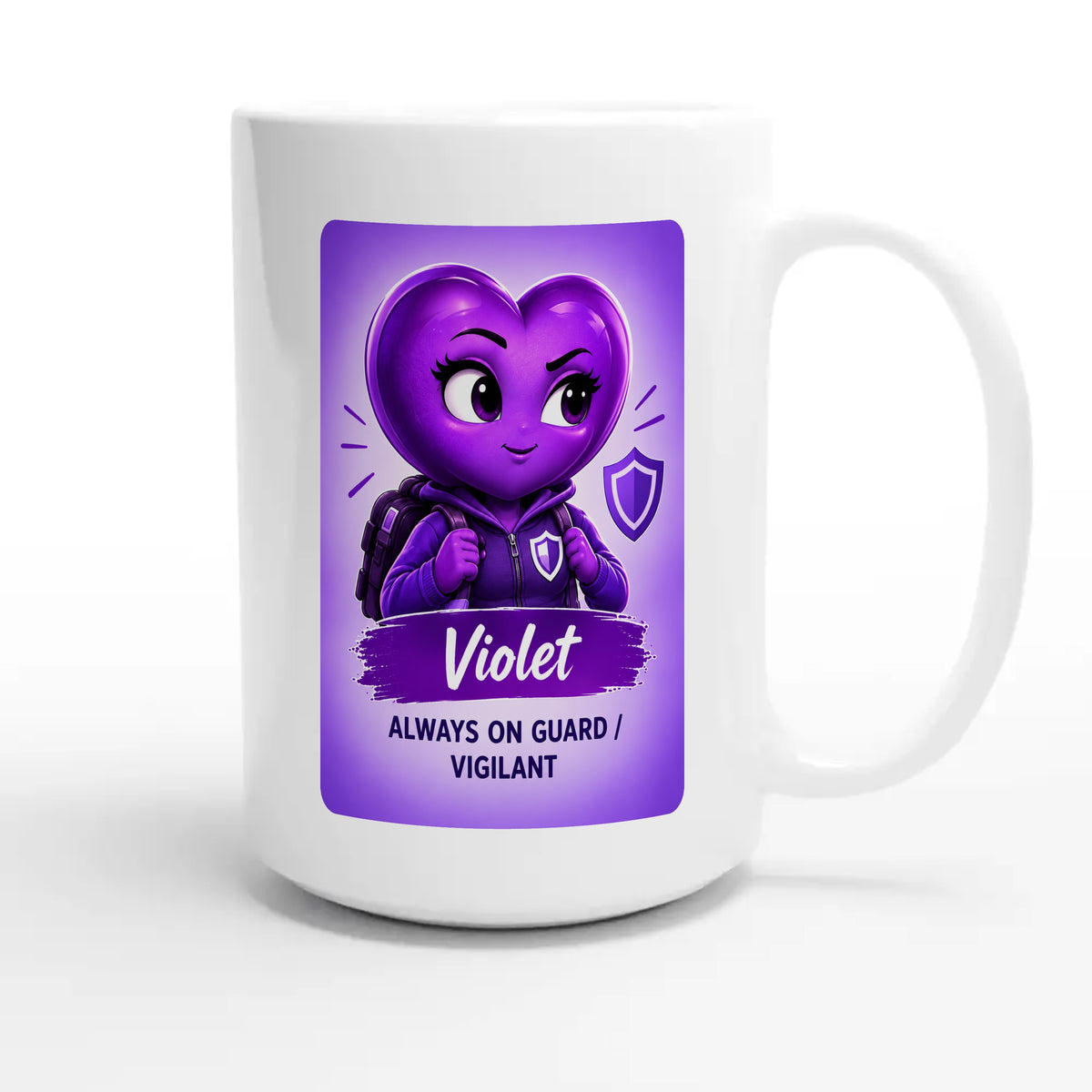 Violet: The Protector heart for veteran hypervigilance awareness — 15oz white coffee mug