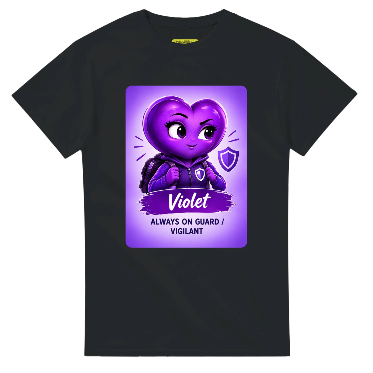 Violet: The Protector heart for veteran hypervigilance awareness — black unisex t-shirt