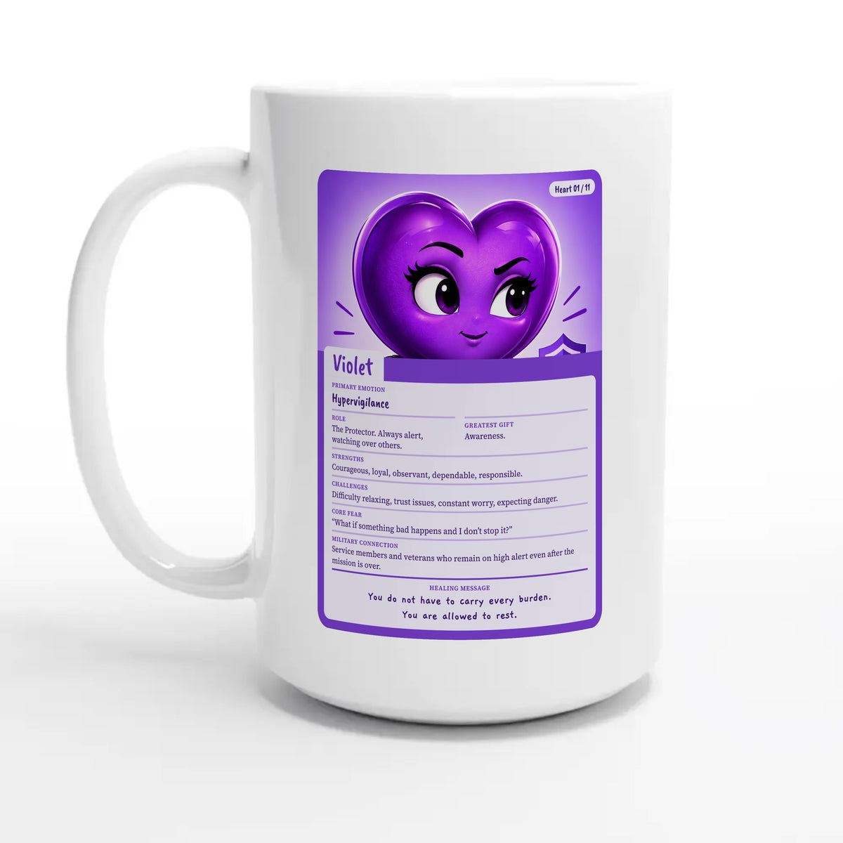Violet: The Protector heart card for veteran hypervigilance awareness — 15oz coffee mug, other side