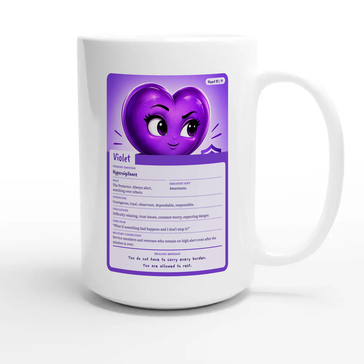 Violet: The Protector heart card for veteran hypervigilance awareness — 15oz white coffee mug