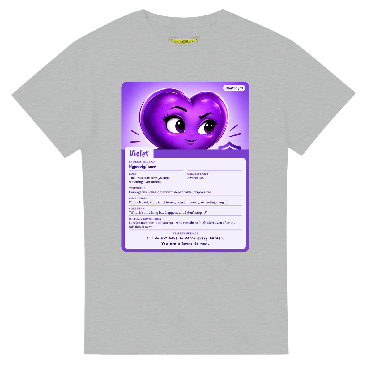 Violet: The Protector heart card for veteran hypervigilance awareness — ash unisex t-shirt