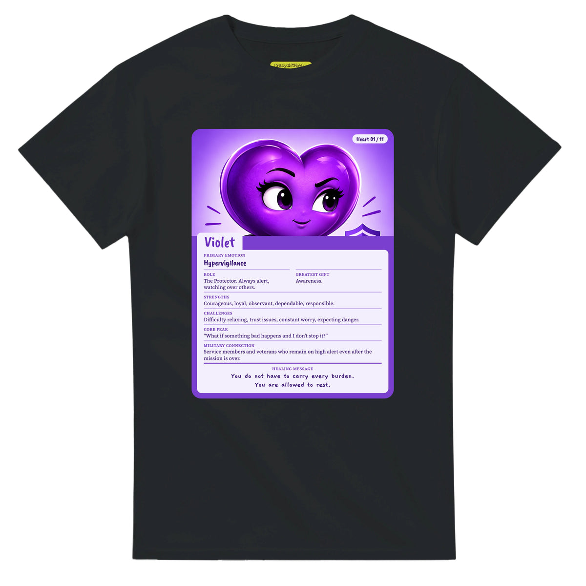 Violet: The Protector heart card for veteran hypervigilance awareness — black unisex t-shirt