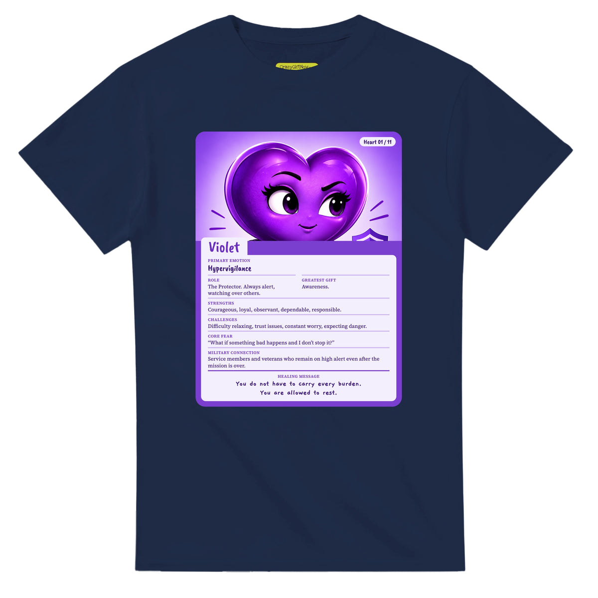 Violet: The Protector heart card for veteran hypervigilance awareness — navy unisex t-shirt