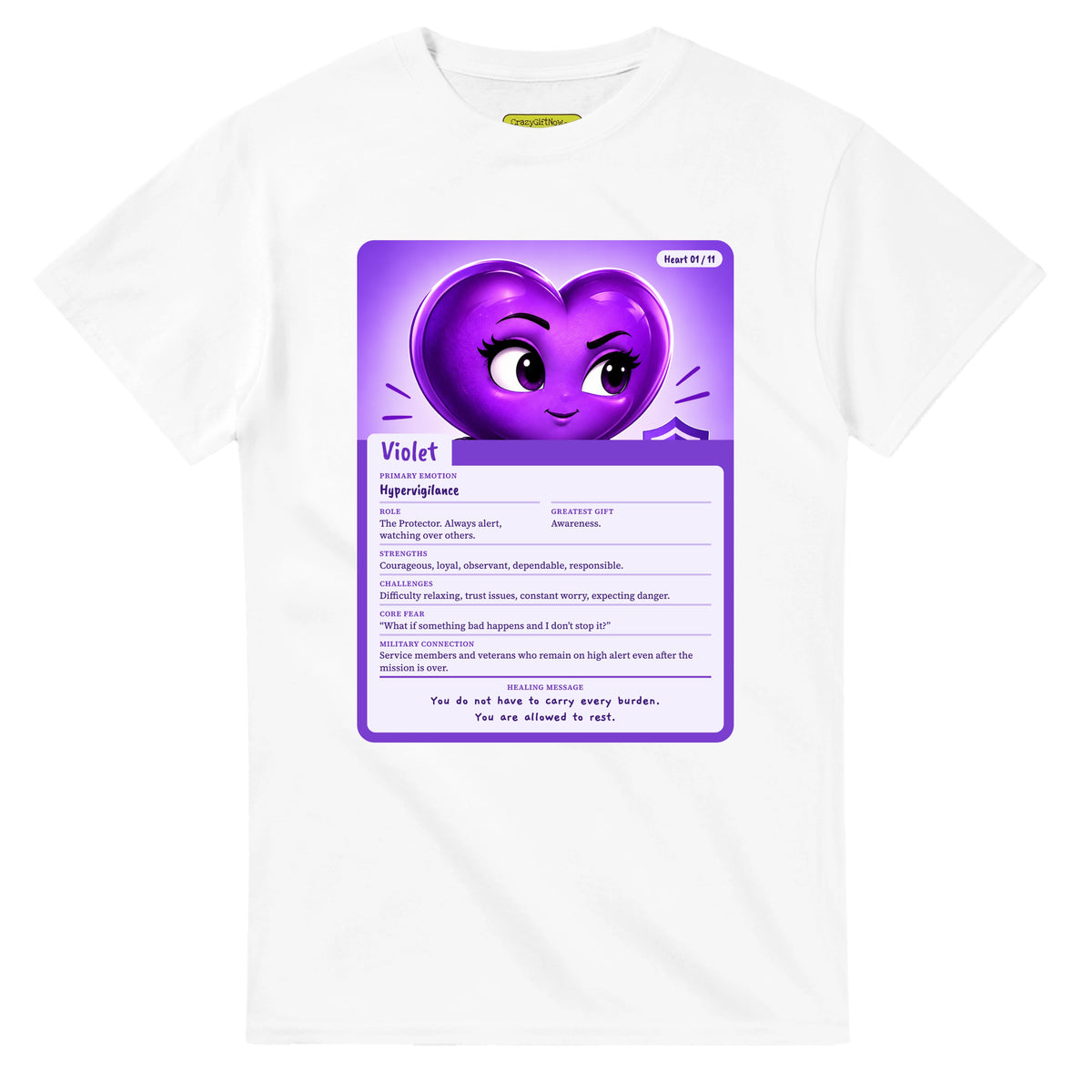 Violet: The Protector heart card for veteran hypervigilance awareness — white unisex t-shirt