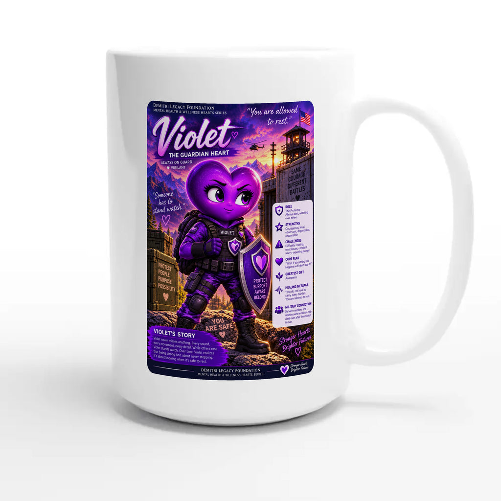 Violet: The Guardian Heart story poster for veteran hypervigilance awareness — 15oz white coffee mug