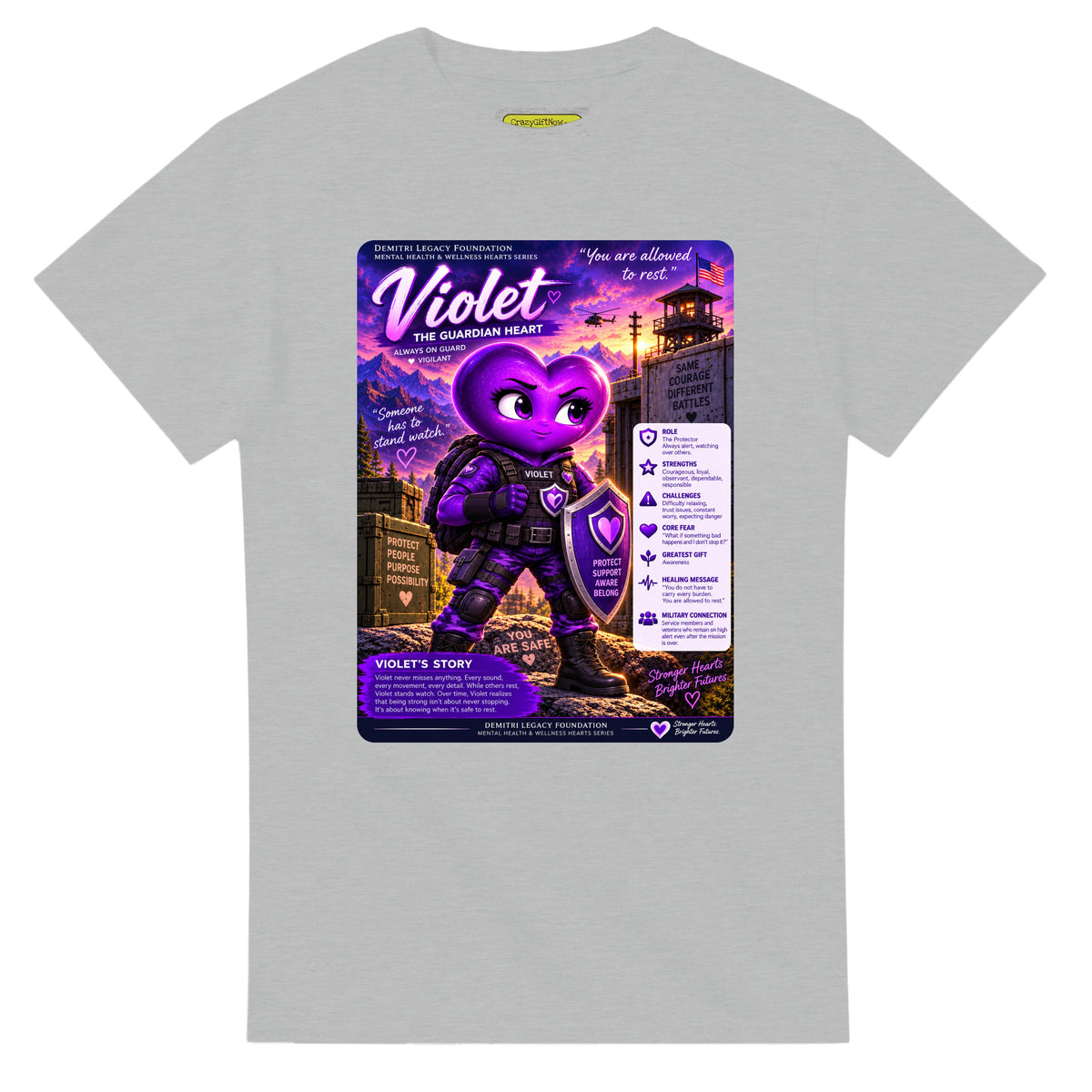 Violet: The Guardian Heart story poster for veteran hypervigilance awareness — ash unisex t-shirt