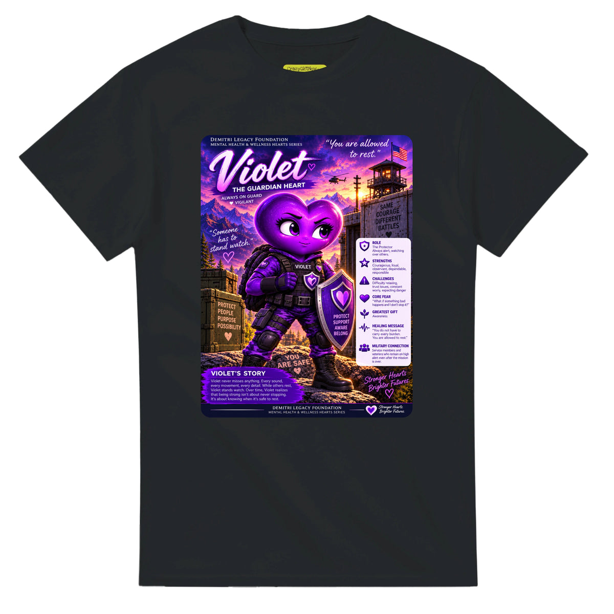Violet: The Guardian Heart story poster for veteran hypervigilance awareness — black unisex t-shirt