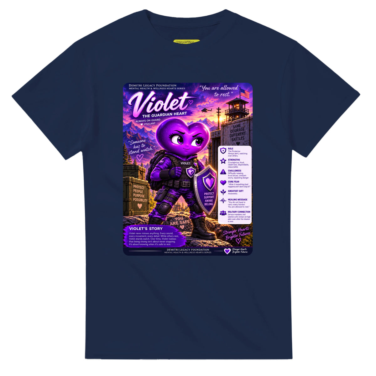 Violet: The Guardian Heart story poster for veteran hypervigilance awareness — navy unisex t-shirt