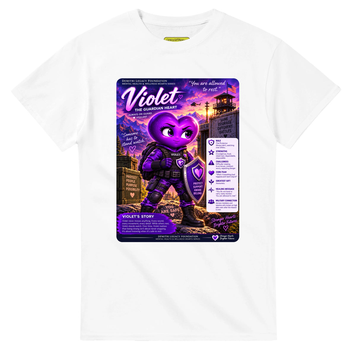 Violet: The Guardian Heart story poster for veteran hypervigilance awareness — white unisex t-shirt