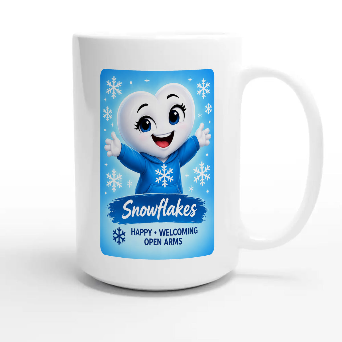 Snowflakes: The Connector heart for veteran connection and belonging awareness — 15oz white coffee mug