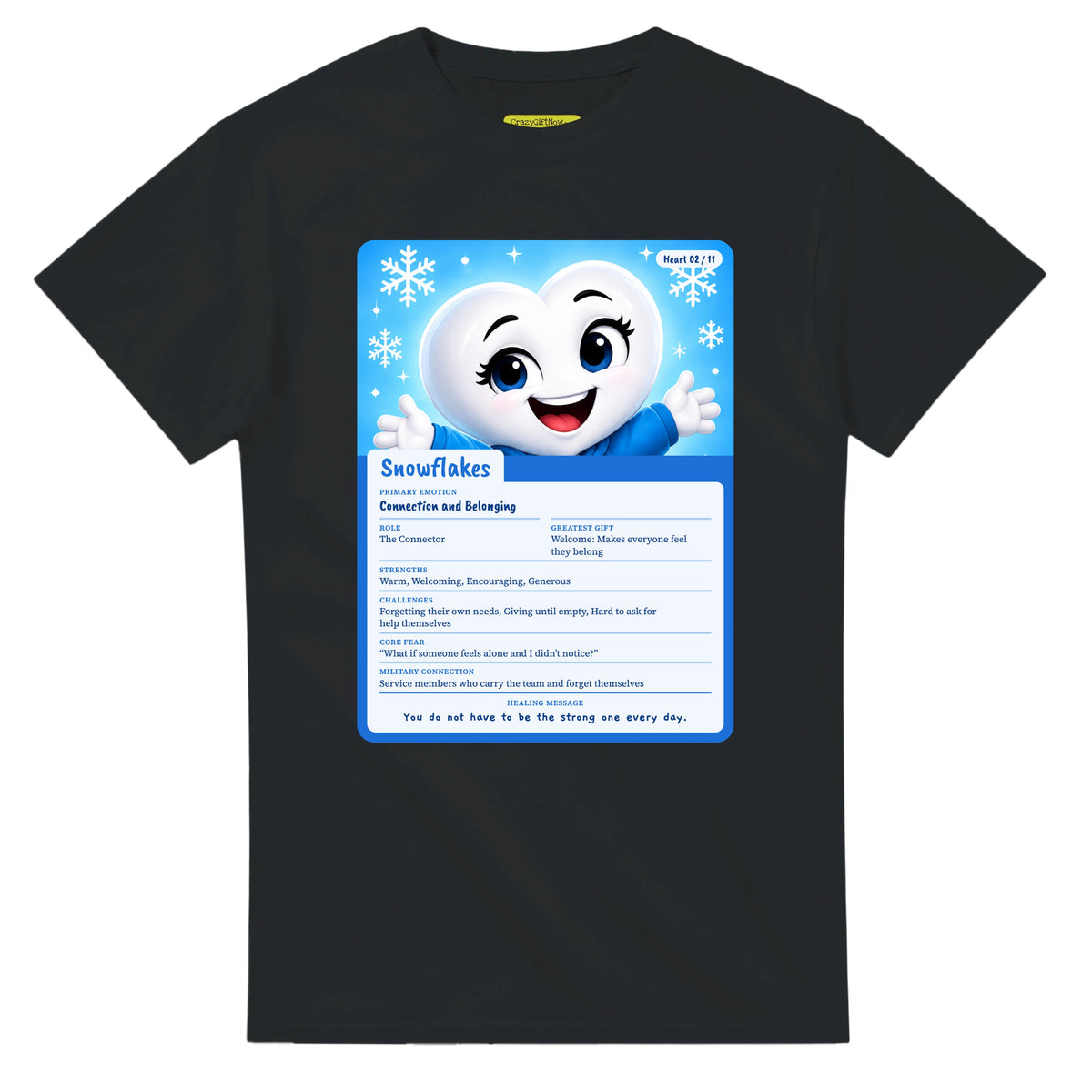 Snowflakes: The Connector heart card for veteran connection and belonging awareness — black unisex t-shirt