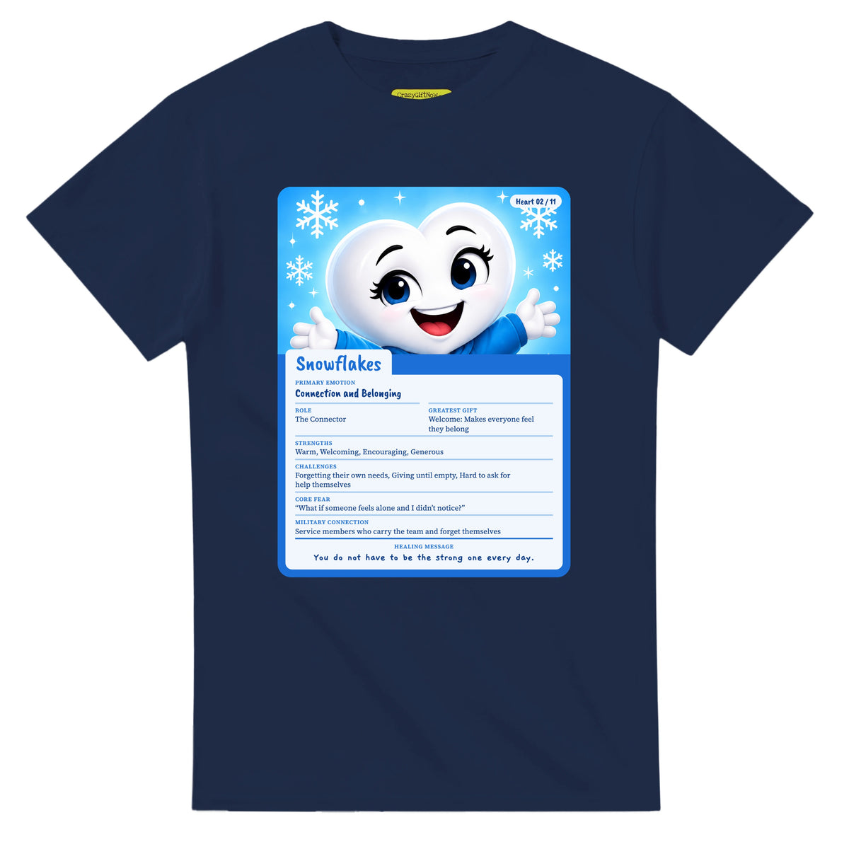 Snowflakes: The Connector heart card for veteran connection and belonging awareness — navy unisex t-shirt