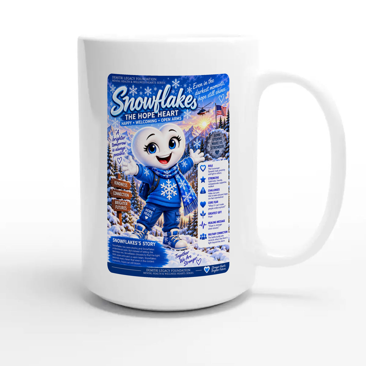 Snowflakes: The Hope Heart story poster for veteran connection and belonging awareness — 15oz white coffee mug
