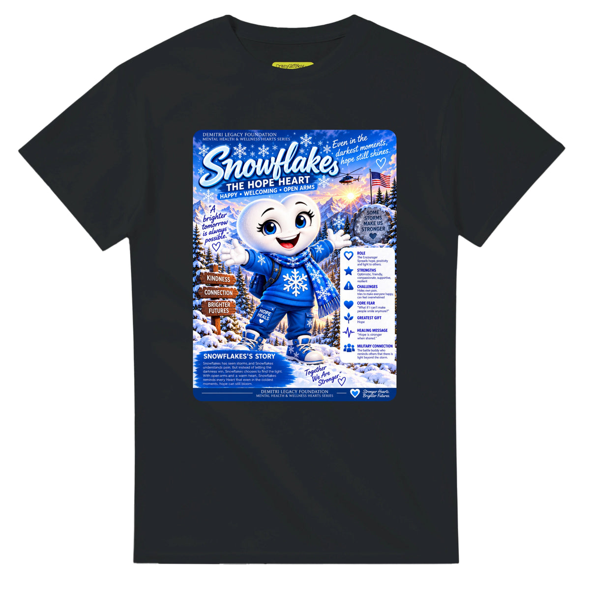 Snowflakes: The Hope Heart story poster for veteran connection and belonging awareness — black unisex t-shirt
