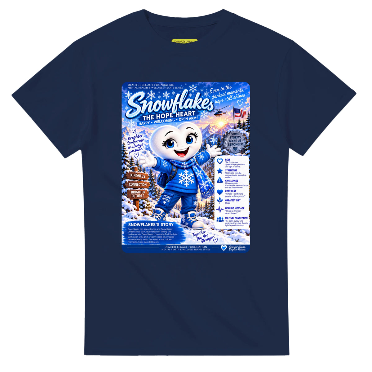 Snowflakes: The Hope Heart story poster for veteran connection and belonging awareness — navy unisex t-shirt