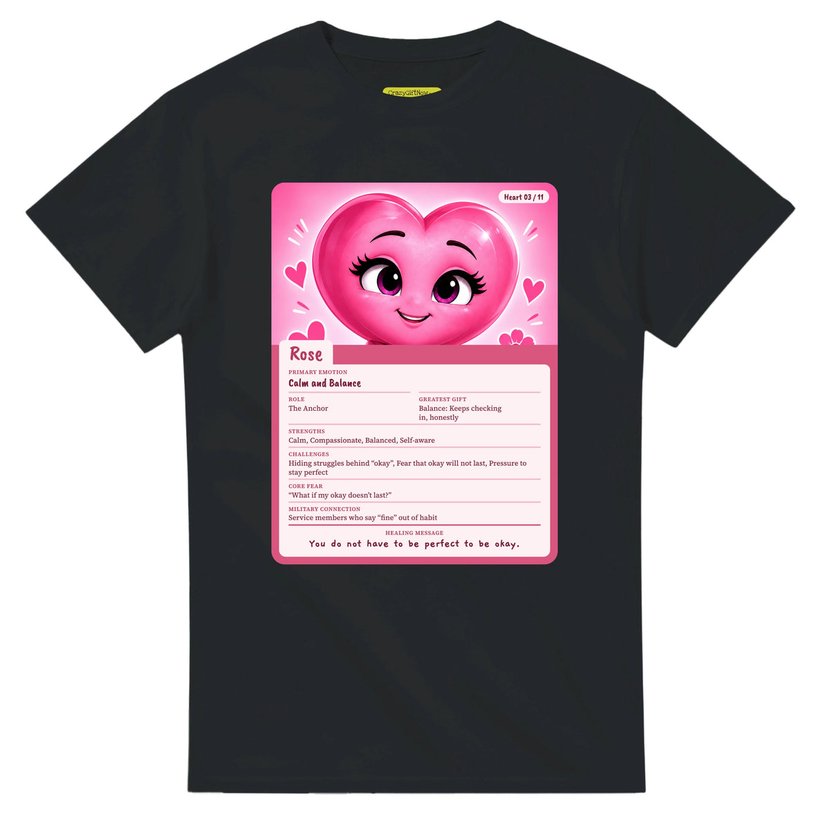 Rose: The Anchor heart card for veteran calm and balance awareness — black unisex t-shirt
