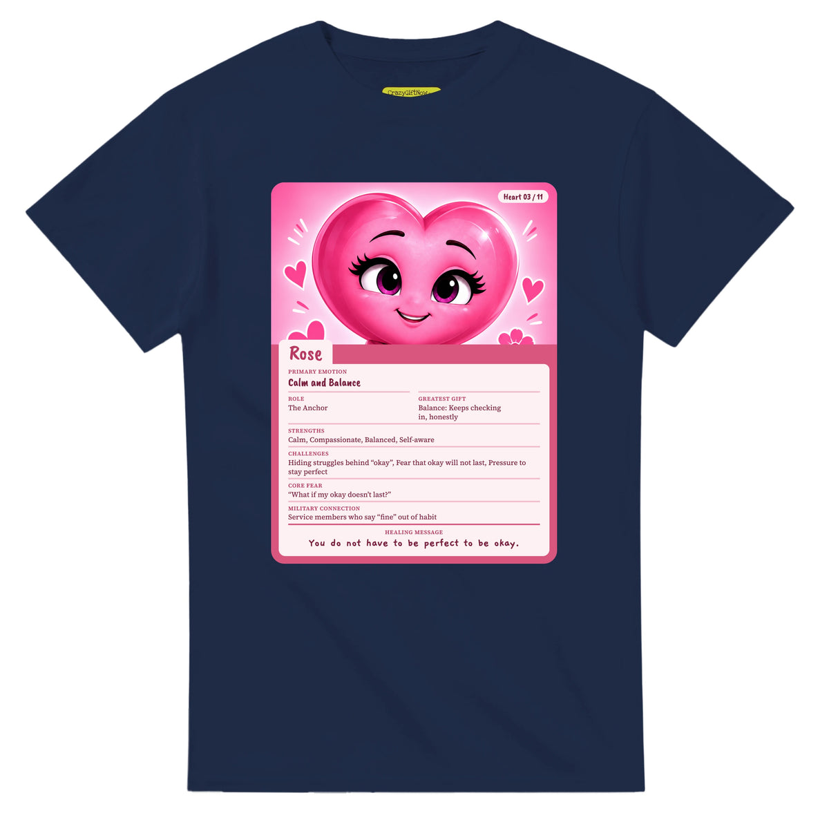Rose: The Anchor heart card for veteran calm and balance awareness — navy unisex t-shirt